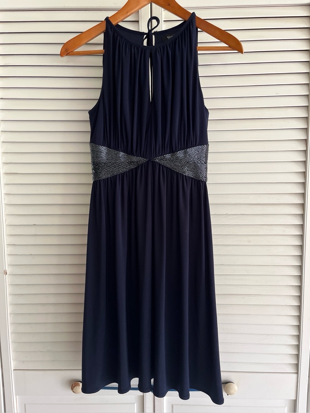 Navy Sleeveless Tie-Back Dress with Metallic Waist Detail